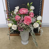 Large Valentine rose arrangement milk glass vase