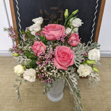 Large Valentine rose arrangement milk glass vase