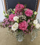 Large Valentine rose arrangement hobnail vase