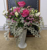 Large Valentine rose arrangement hobnail vase