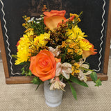 Thanksgiving arrangement milk glass vase