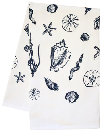 organic all over navy shell tea towel